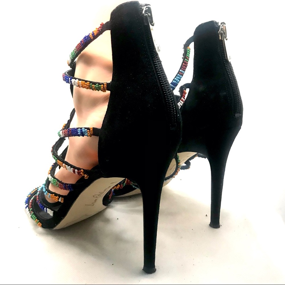 SAM EDELMAN "SAGE" BLACK SUEDE AND MULTI-COLOR BEAD STILETTO HEELS (10M) - Picture 4 of 13